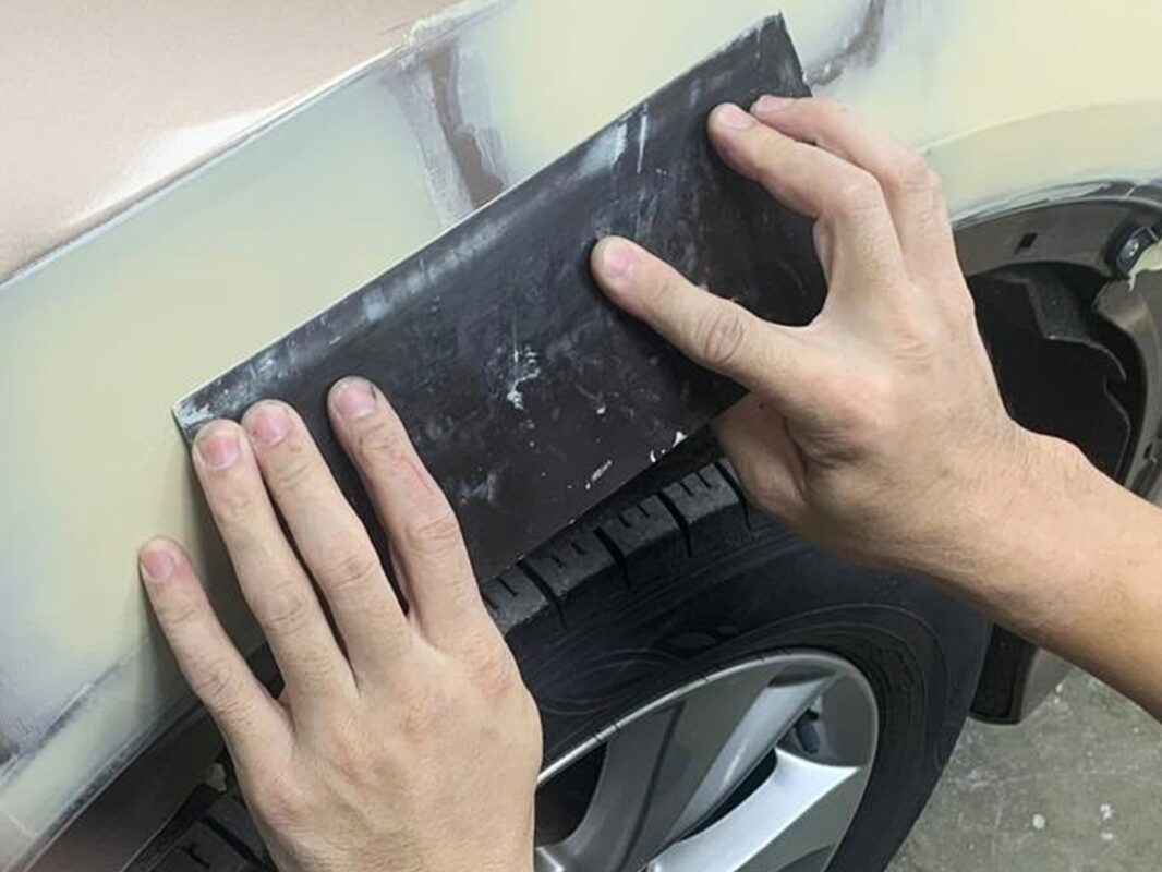 Filler applied and smoothed on the Honda HR-V's bodywork.