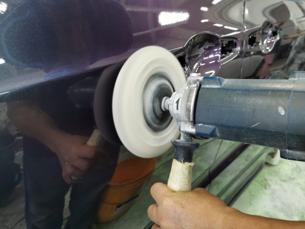 The Odyssey after spraying, being sanded back for an even surface.