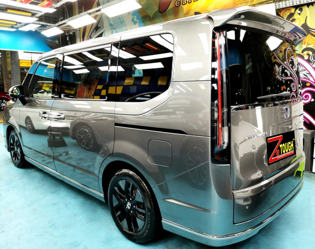 Rear quarter of the Honda Stepwagon Spada, glossy and protected.