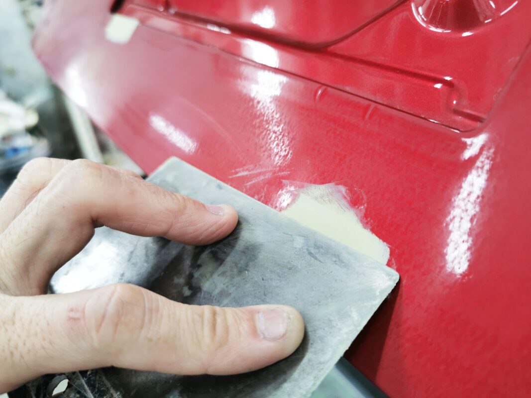 Bodywork stage: the Honda Vezel's surface patched and inspected.