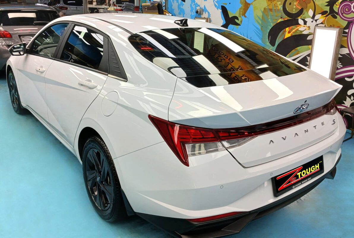 Front three-quarter view of the Hyundai CN7 Avante after coating.