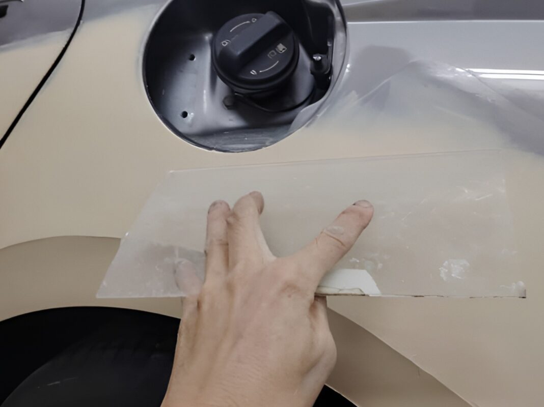 The body surface being checked for scratches and dents.