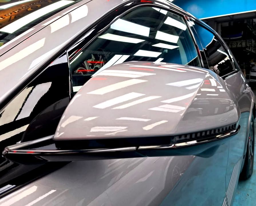 Silver grey side mirror cap reflecting the workshop ceiling lights.