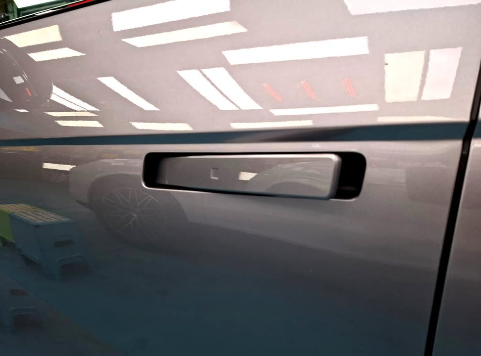 Flush door handle on the silver grey door panel with light reflections.
