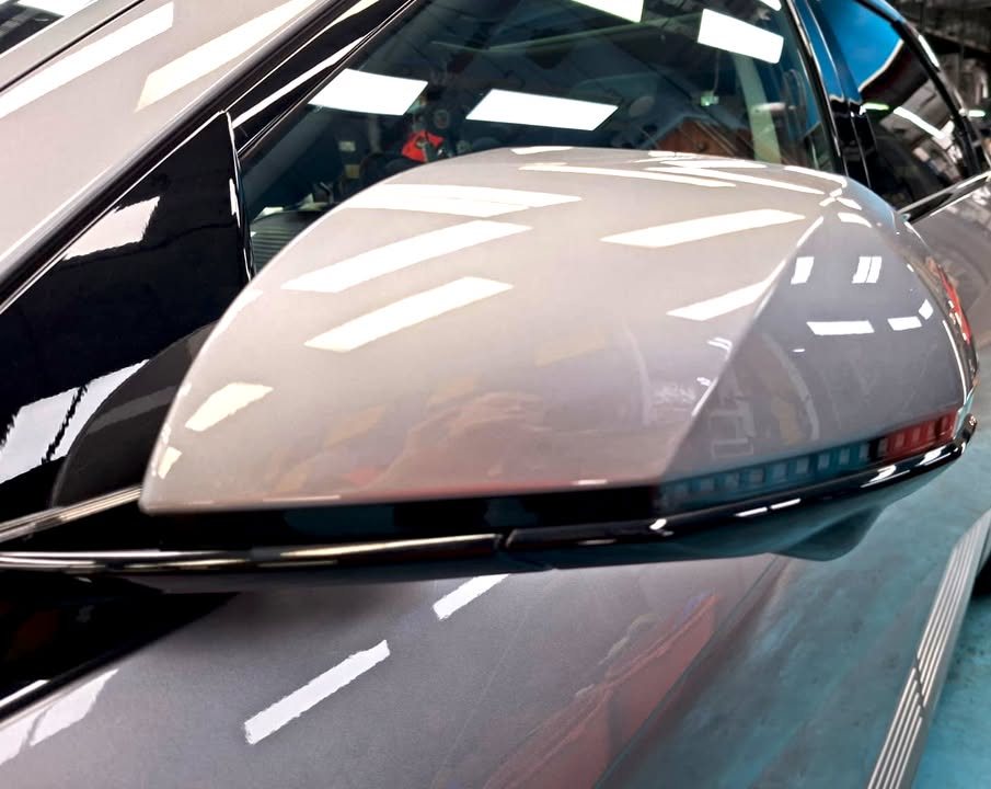 Silver wing mirror on the Ioniq 5 with reflections in the paint.