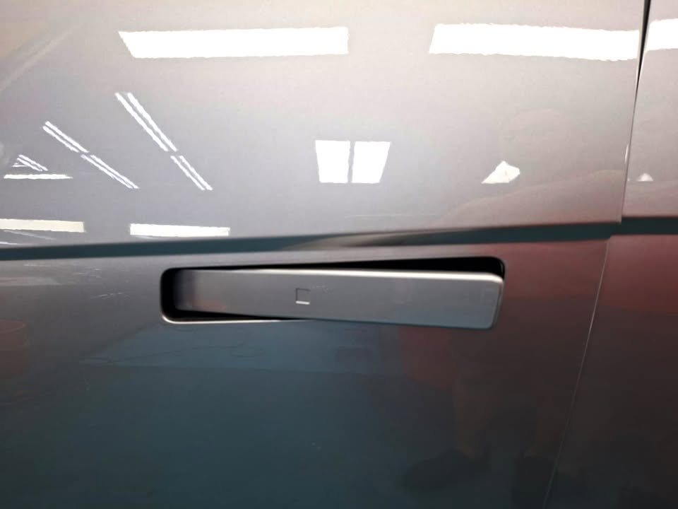 Flush door handle on the silver Ioniq 5 door panel.