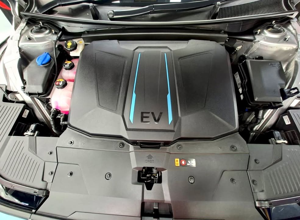 Motor bay of the Ioniq 5 with the EV cover visible.