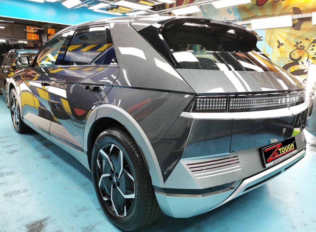Rear quarter of the Hyundai Ioniq5, glossy and protected.