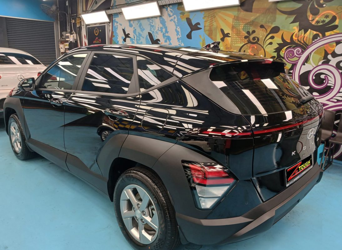 Rear quarter of the Hyundai Kona, glossy and protected.