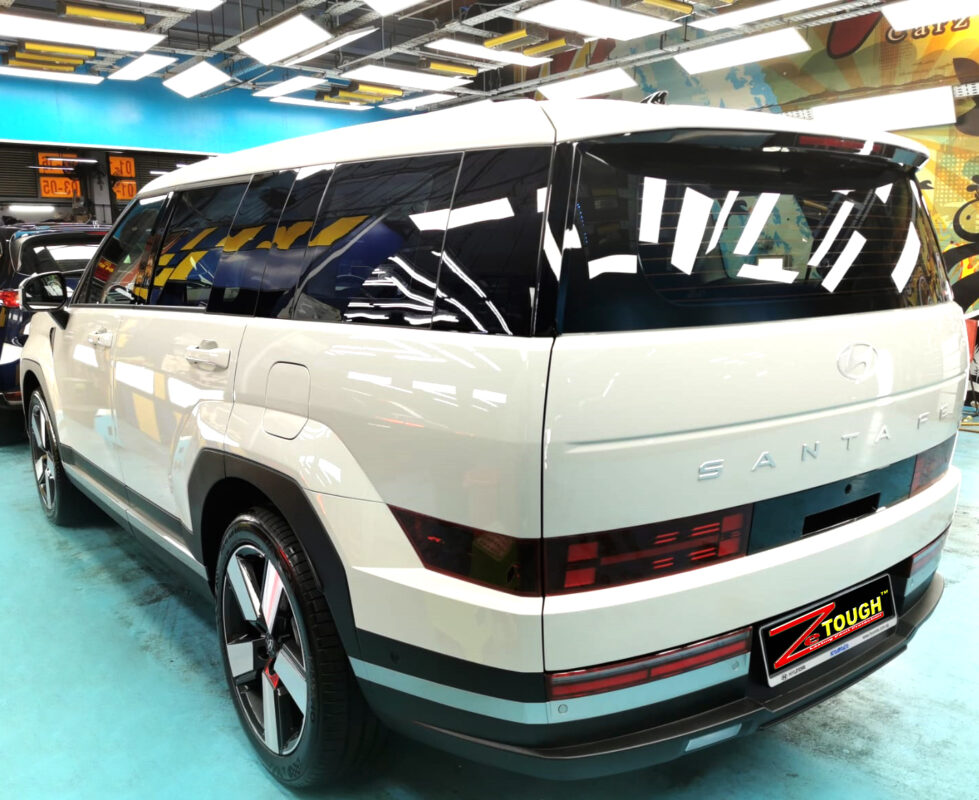 Rear quarter of the Hyundai Santa Fe, glossy and protected.