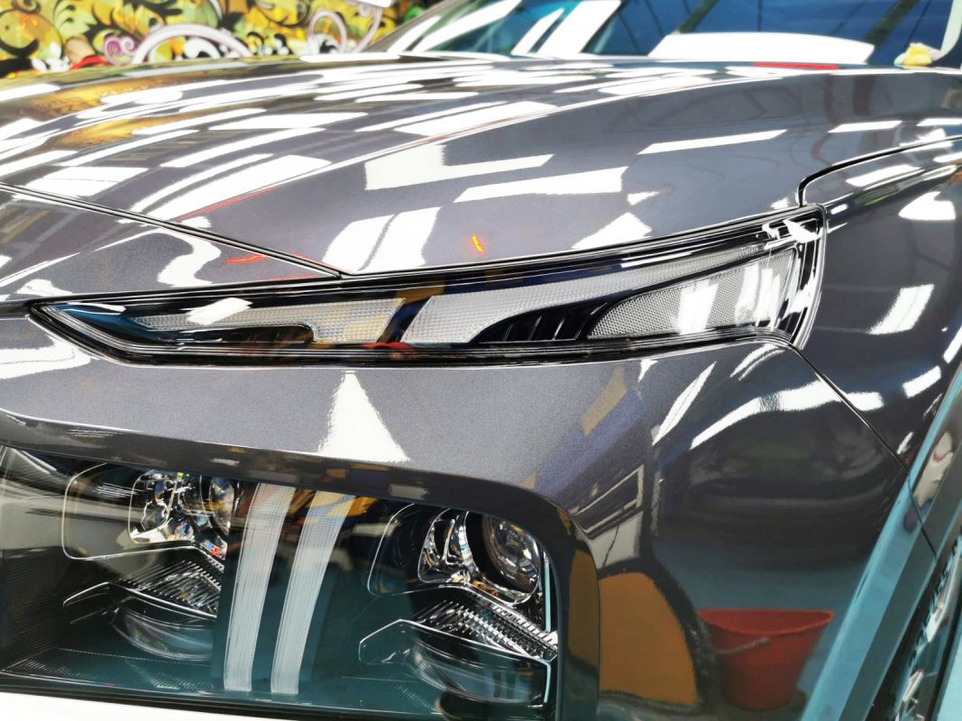 The Santa Fe's coated paintwork showing clean reflections.