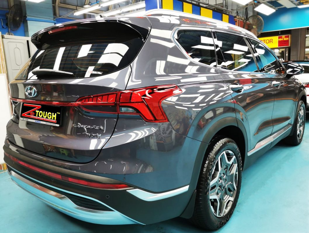 Rear quarter of the Hyundai Santa Fe, glossy and protected.