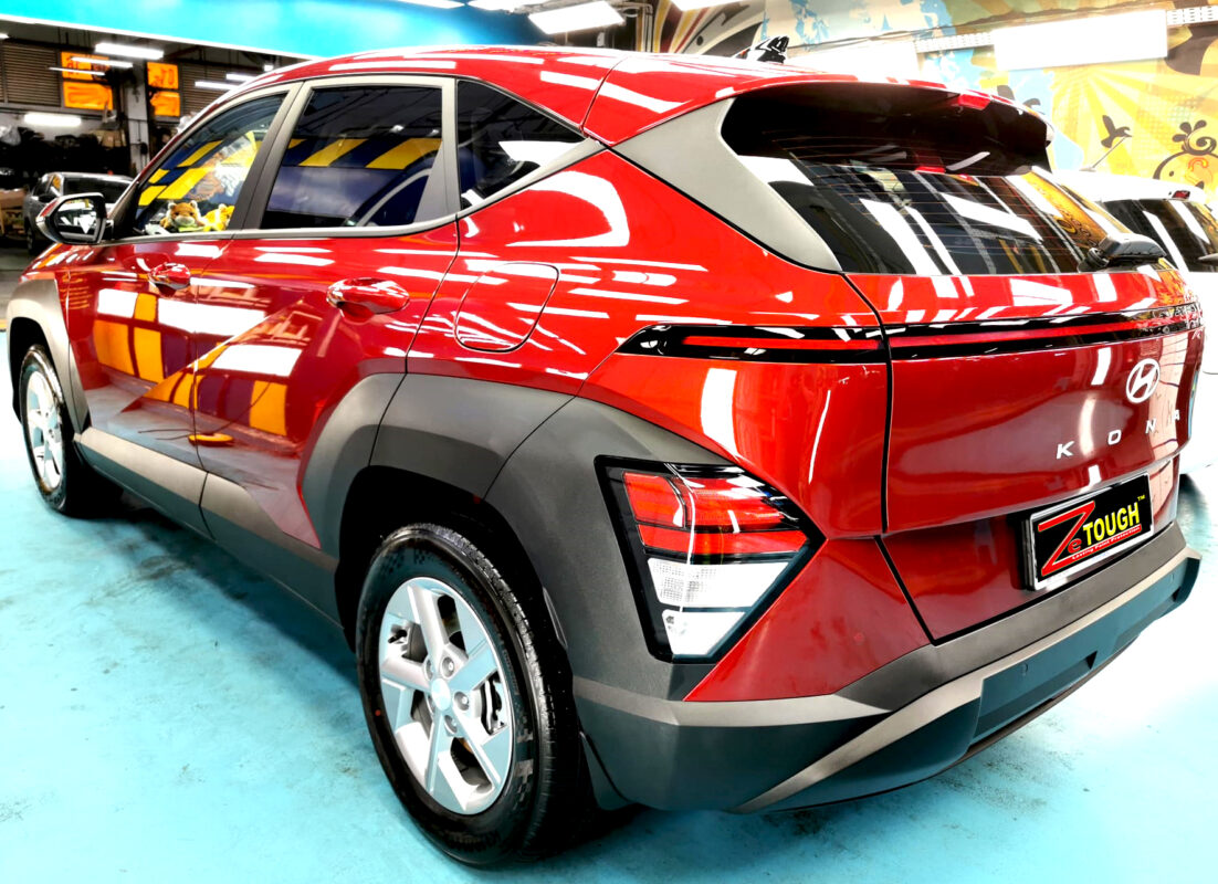 Rear quarter of the Hyundai SX2 Kona, glossy and protected.