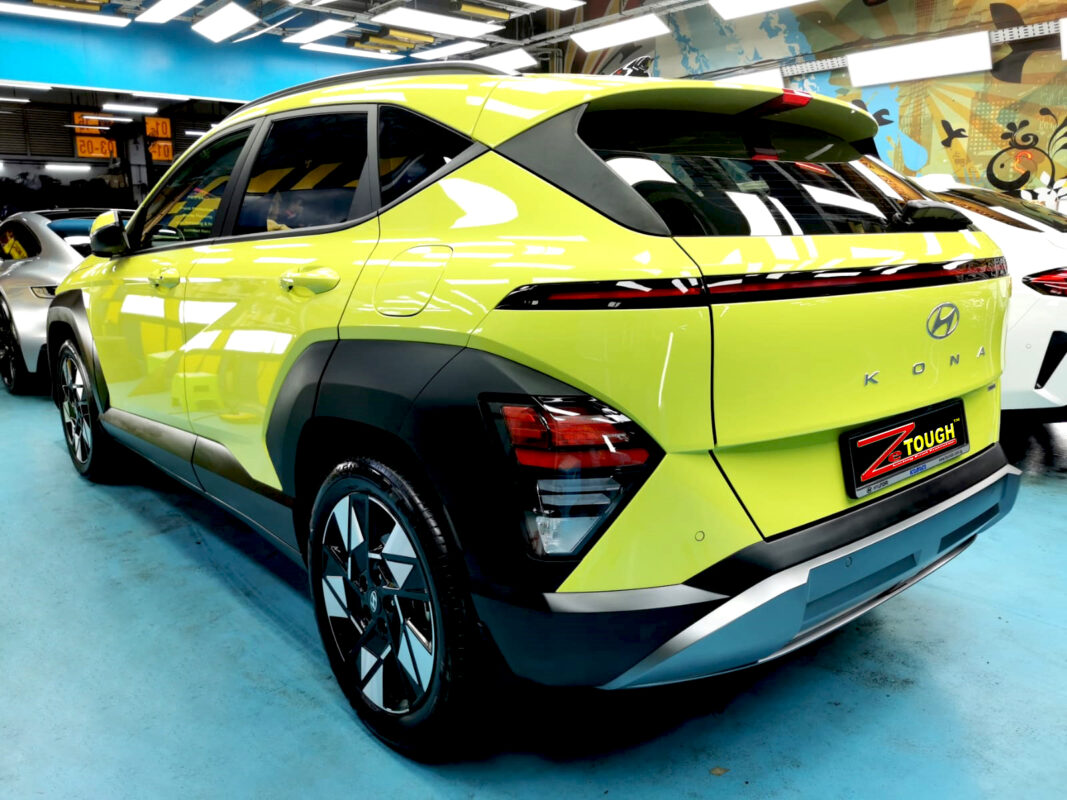 Rear quarter of the Hyundai SX2 Kona, glossy and protected.