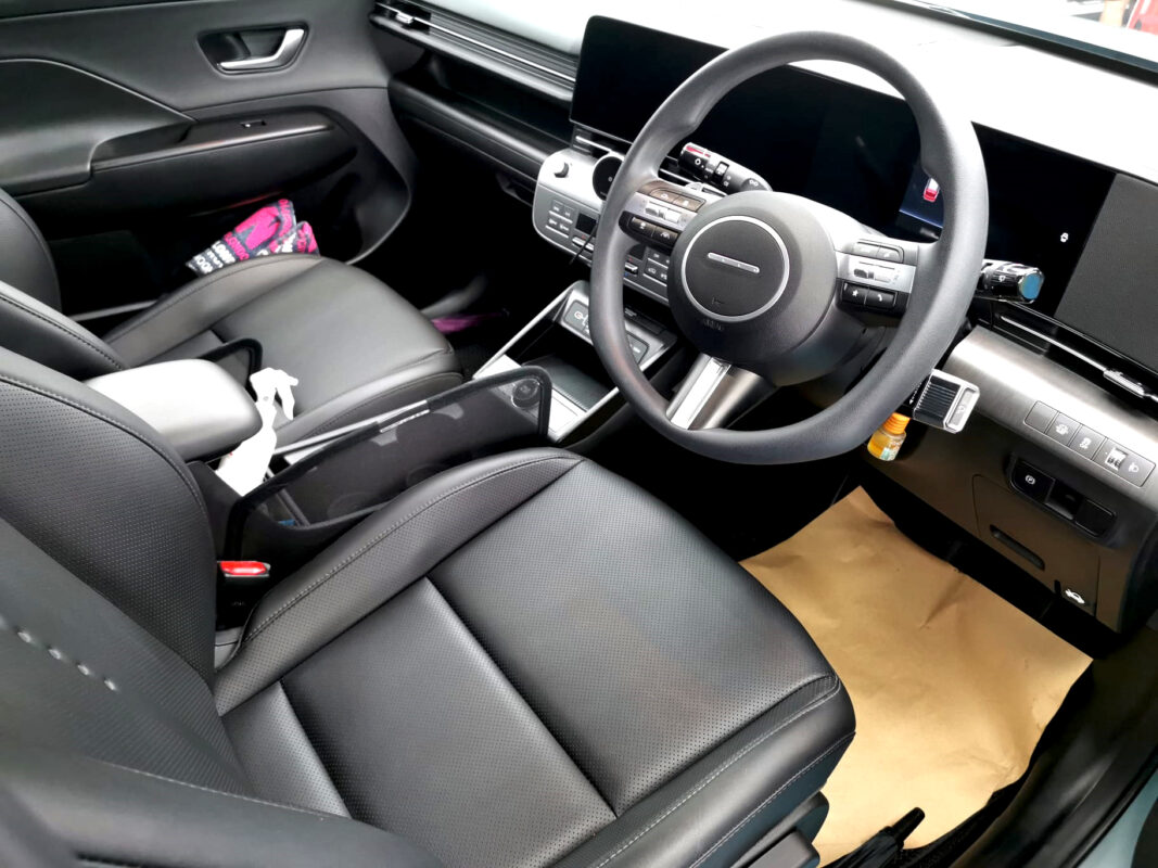 The Hyundai SX2 Kona parked in the workshop, freshly coated.