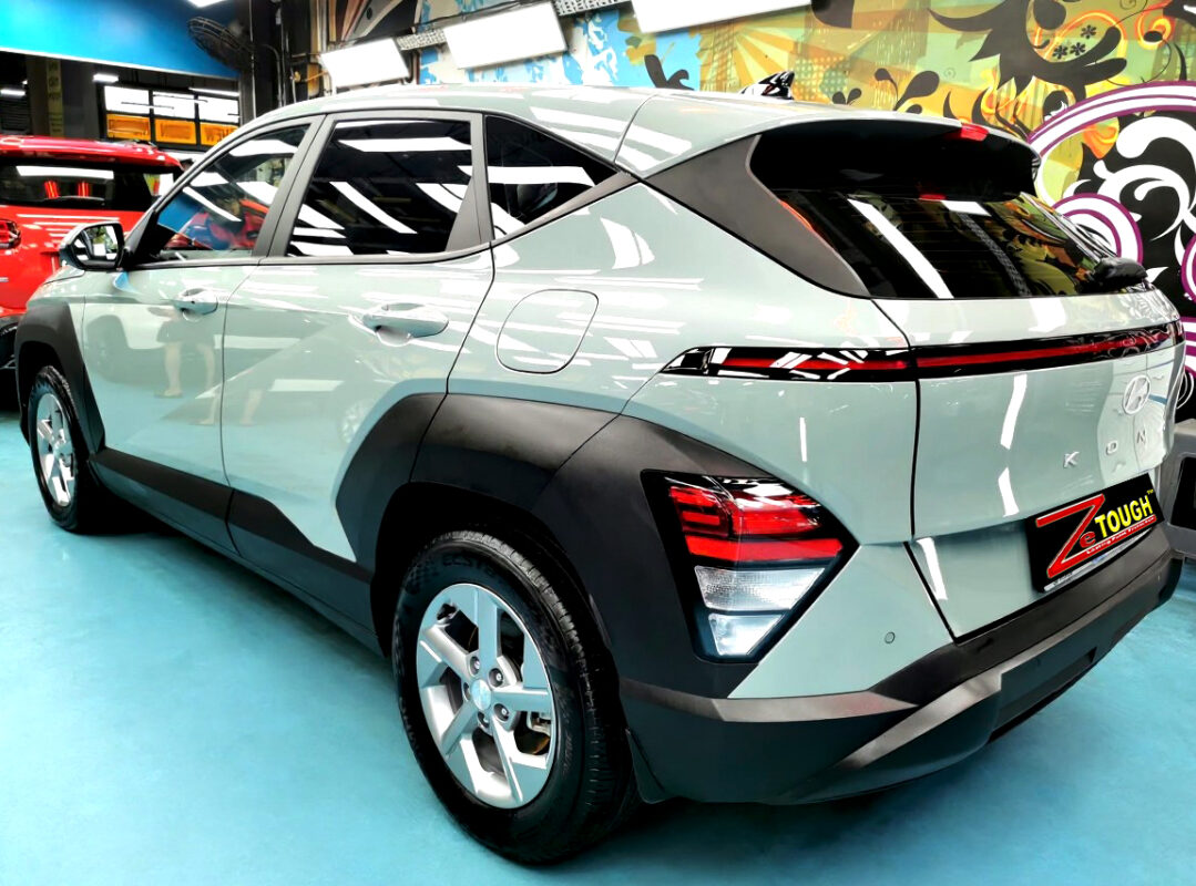 Rear quarter of the Hyundai SX2 Kona, glossy and protected.