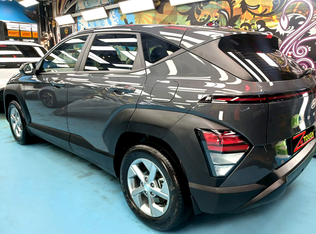 Rear quarter of the Hyundai Kona, glossy and protected.