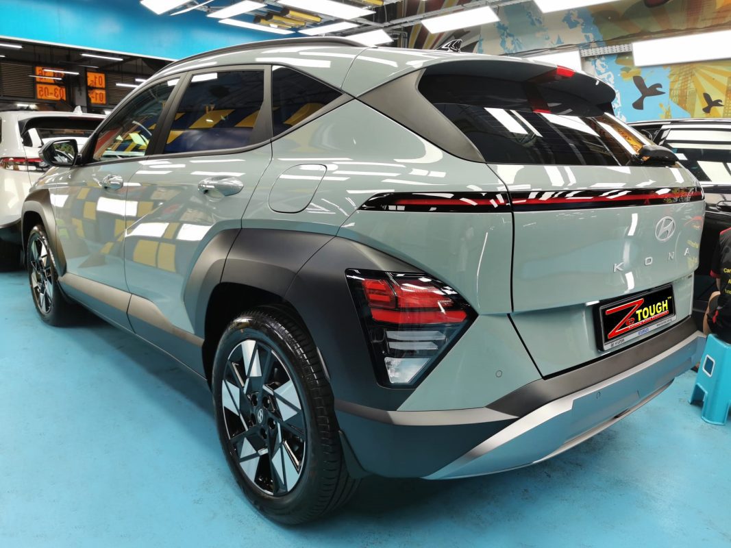 Rear quarter of the Hyundai Kona, glossy and protected.