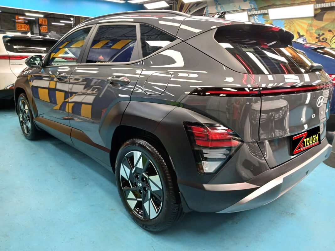 Rear quarter of the Hyundai SX2 Kona, glossy and protected.
