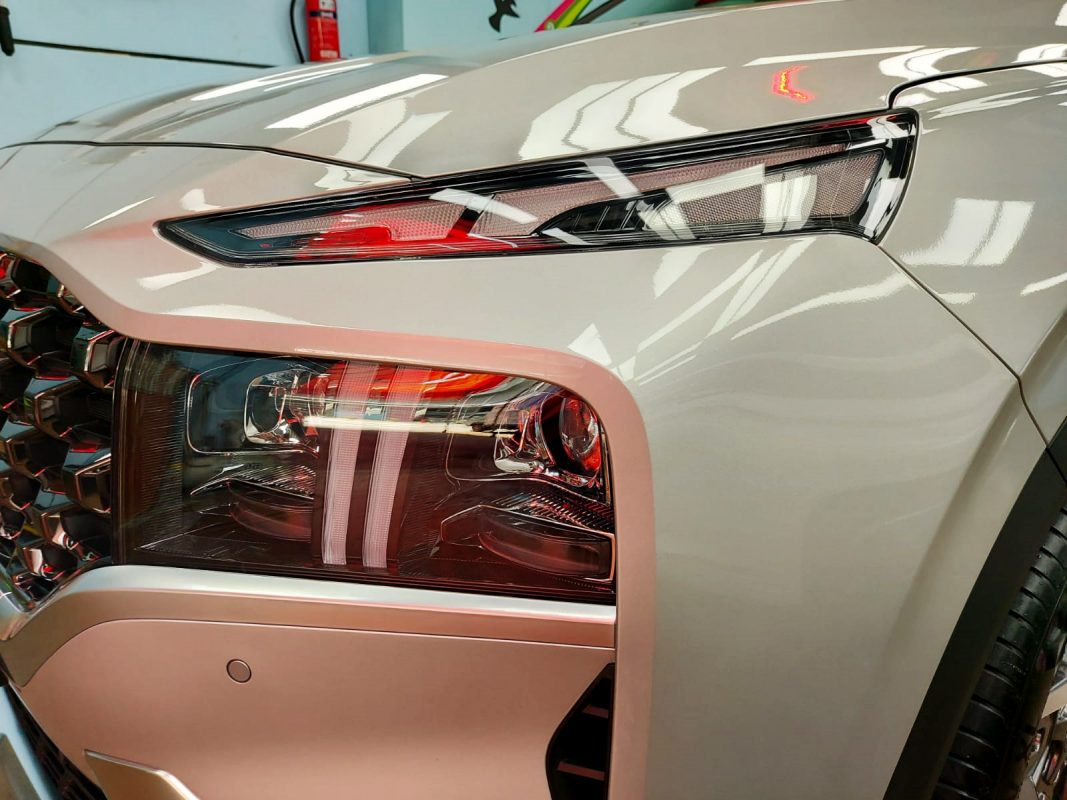 The TM Santa Fe's coated paintwork showing clean reflections.