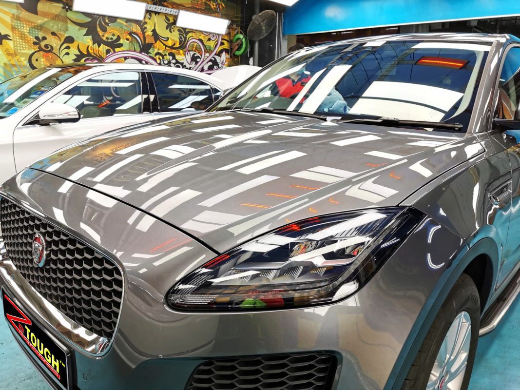 The Jaguar E-Pace from a side angle after the titanium coating.