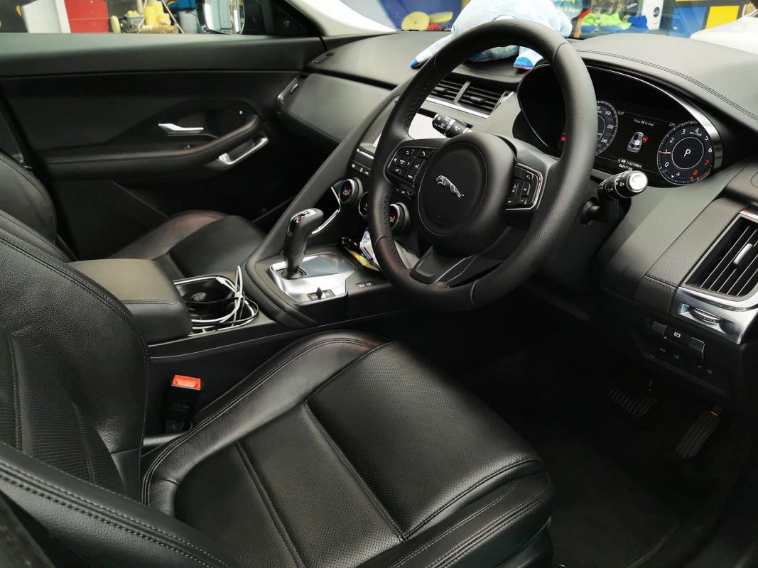 The Jaguar E-Pace parked in the workshop, freshly coated.