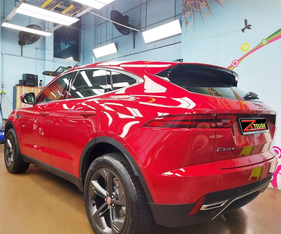 Rear quarter of the Jaguar E-Pace, glossy and protected.