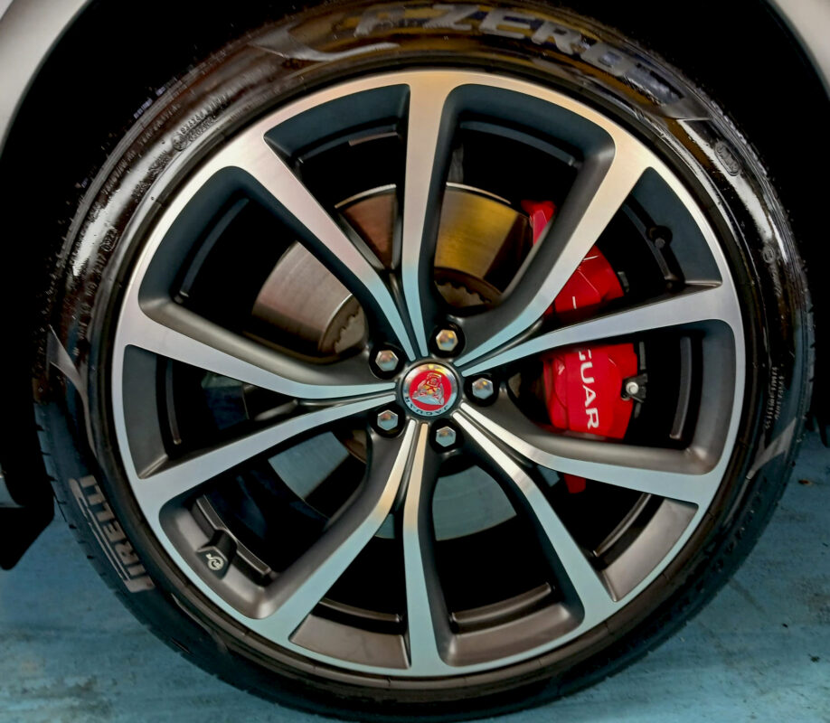 Wheel and panel edge detail on the coated Jaguar F-Pace.