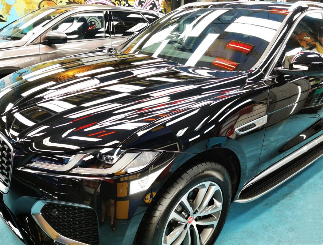 The Jaguar F-Pace from a side angle after the titanium coating.