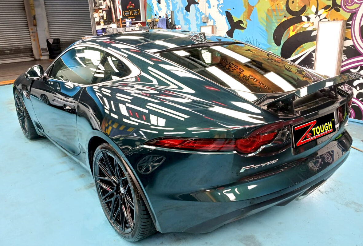 Front three-quarter view of the Jaguar F-Type after coating.