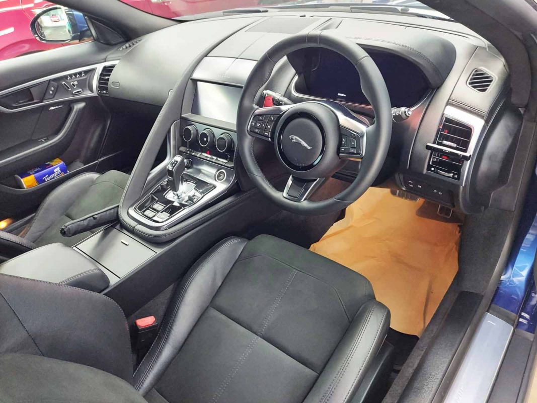 The Jaguar F-Type parked in the workshop, freshly coated.