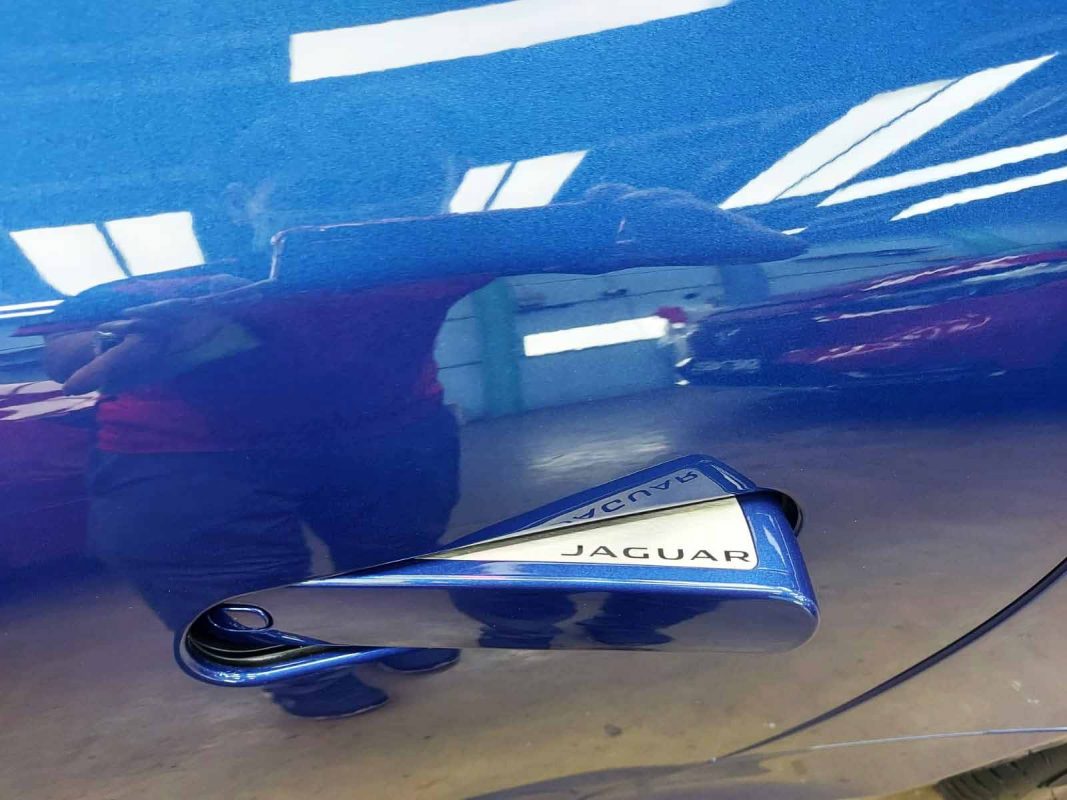 Front three-quarter view of the Jaguar F-Type after coating.