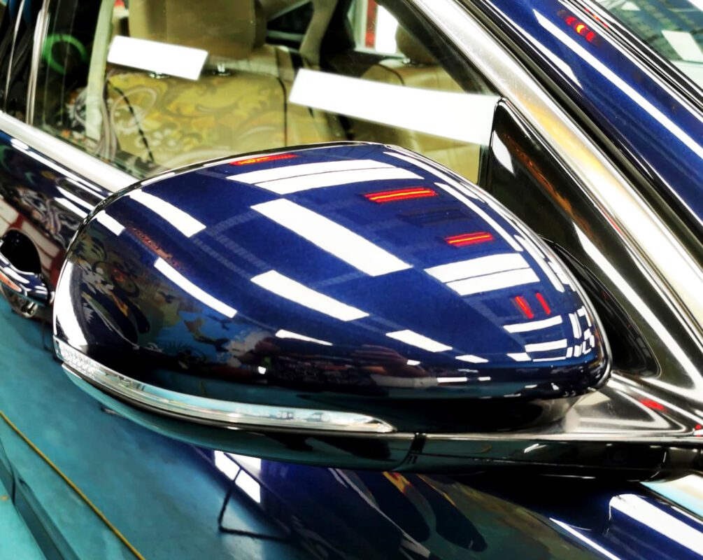 Front three-quarter view of the Jaguar XJ after coating.