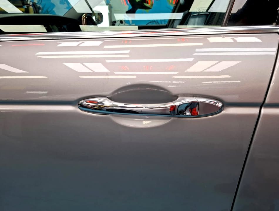 Chrome door handle on the silver door panel.