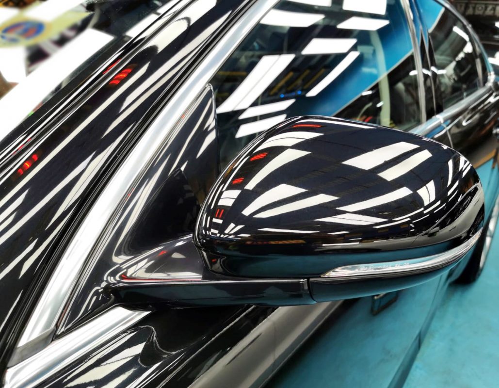 Rear quarter of the Jaguar XJL, glossy and protected.
