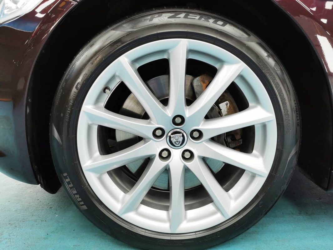 The Jaguar XJL parked in the workshop, freshly coated.
