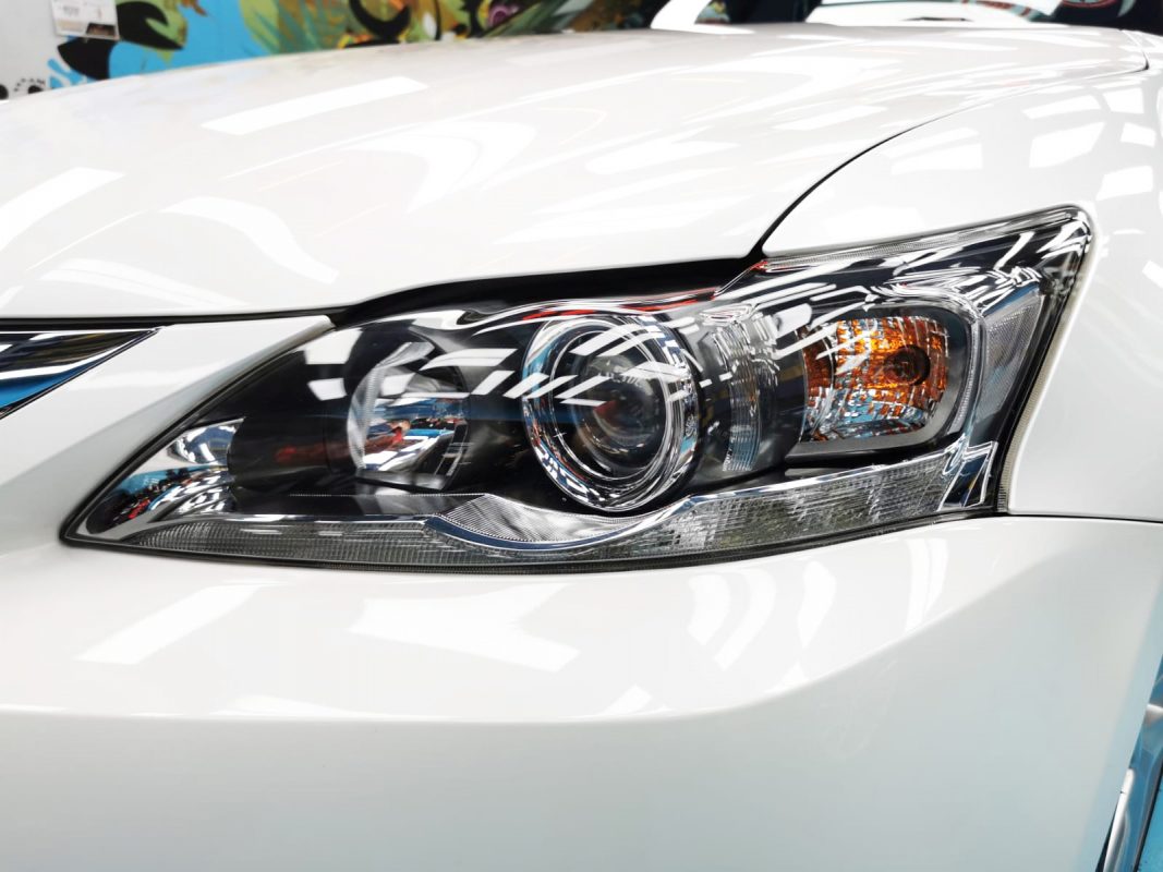 The CT200h's coated paintwork showing clean reflections.