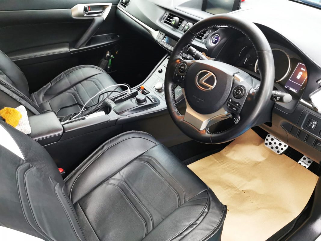 The Lexus CT200h parked in the workshop, freshly coated.
