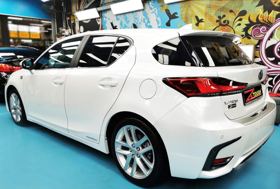 Rear quarter of the Lexus CT200h, glossy and protected.