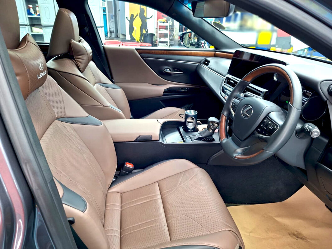 The Lexus ES300H parked in the workshop, freshly coated.