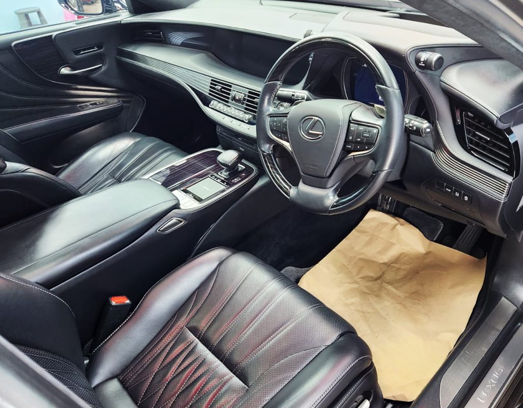 The Lexus LS350 parked in the workshop, freshly coated.