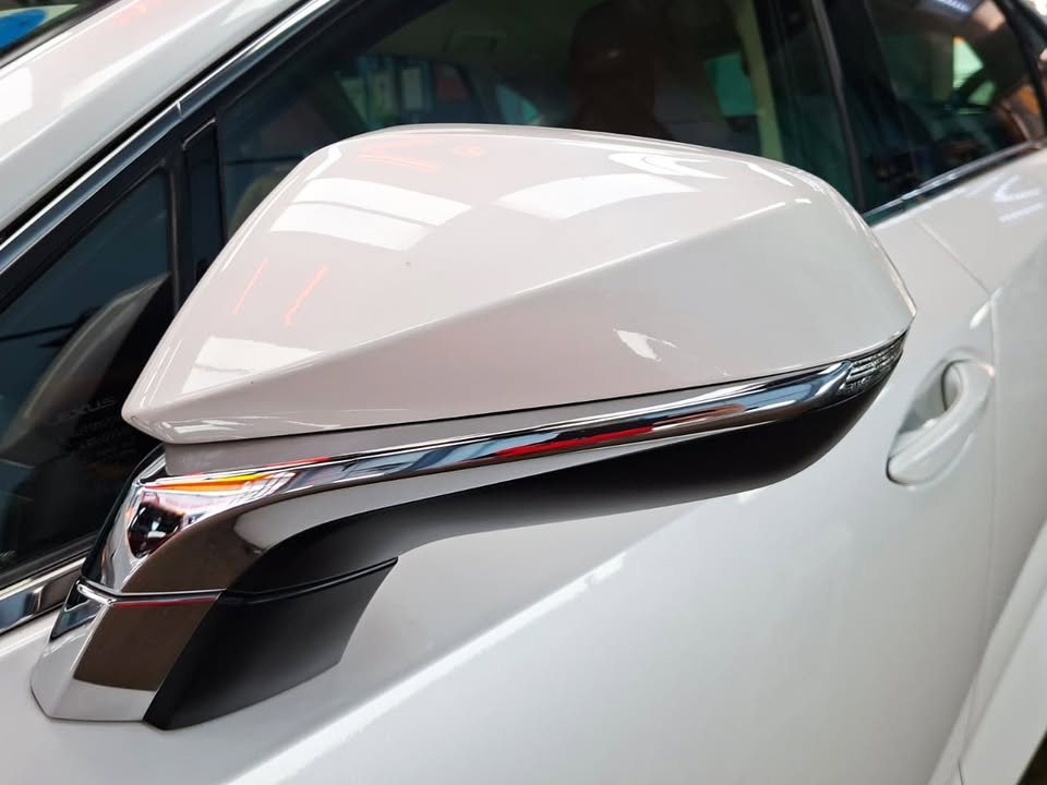 White wing mirror with chrome trim on the Lexus NX.