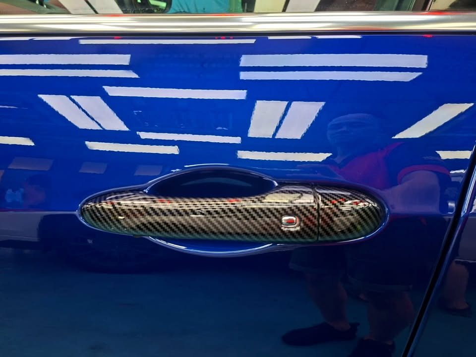 Blue door panel with carbon-pattern door handle cover.