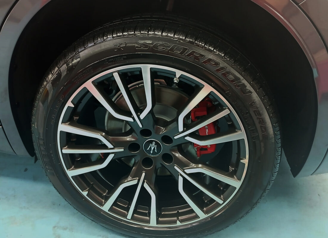 Rear quarter of the Maserati Grecale, glossy and protected.