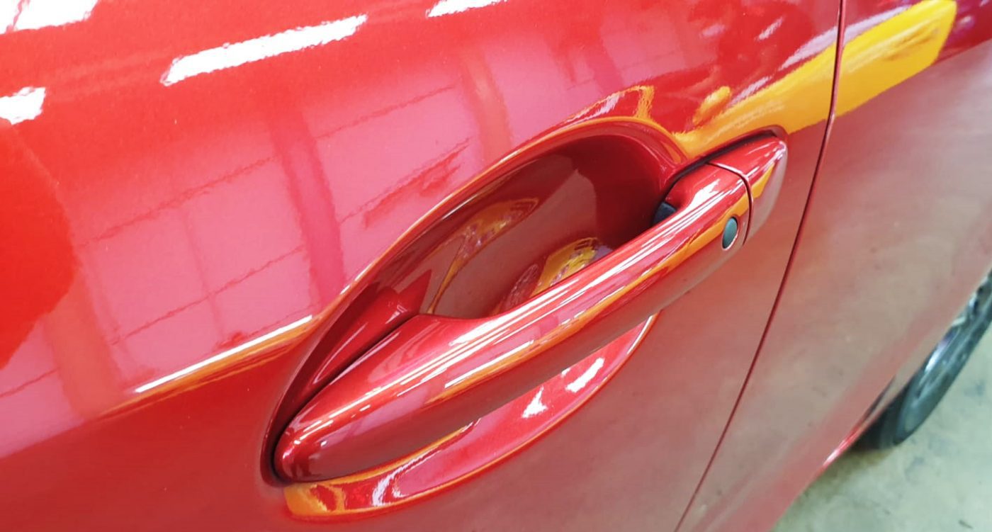 Front three-quarter view of the Mazda 2 after coating.
