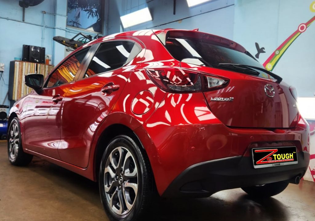 Front three-quarter view of the Mazda 2 after coating.