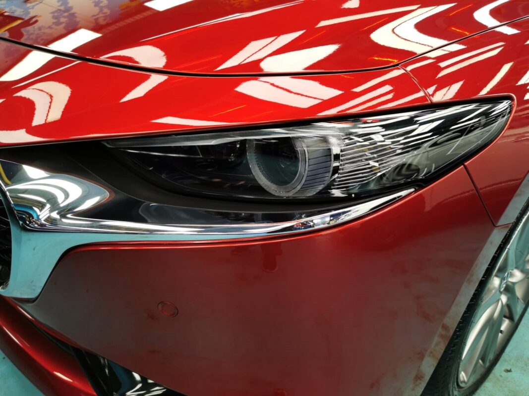 The Mazda 3's panels prepped for paint.