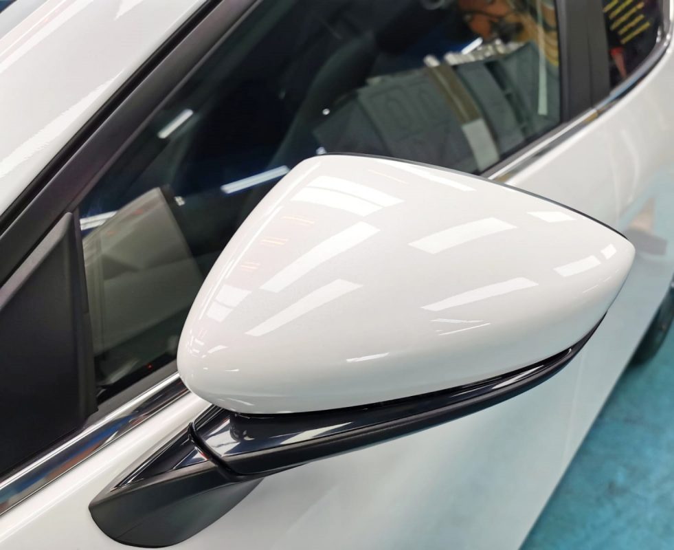 Side panel of the Mazda 3 with the titanium finish locked in.