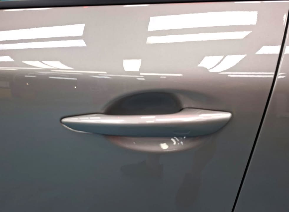 Silver door panel and handle reflecting the ceiling lights.