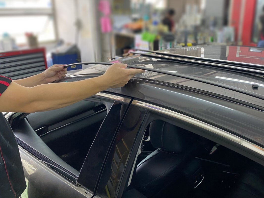 The Mazda 6 stripped further, ready for bodywork inspection.